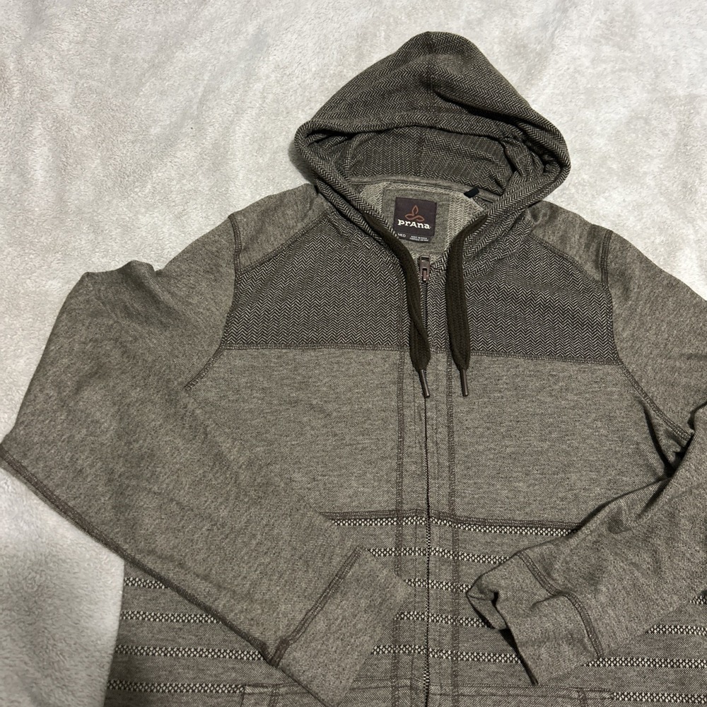 Prana Full Zip Hoodie Men's Size Medium Brown Organic Cotton Blend herringbone